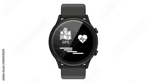 Black smartwatch screen displaying GPS and heart rate icons