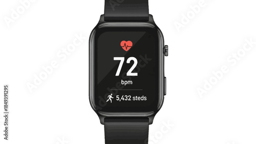 Black smartwatch displays heart rate 72 bpm and step count 5432