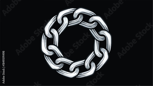 Circular metal chain link design on a black background.