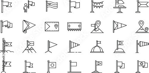 Vector line icons set of flags, banners, pennants, location markers, mountains, windsocks, finish lines, event celebration symbols, navigation, and victory.