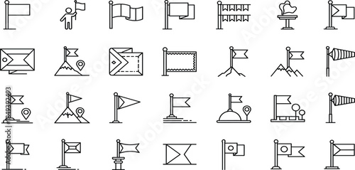 Vector line icons set of flags, banners, pennants, location markers, mountains, windsocks, finish lines, celebration symbols, navigation, victory, and success.