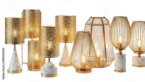 Luxury decorative gold lamps with marble bases isolated on transparent background