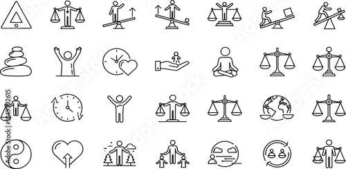 Vector line icon set featuring twenty eight symbols of balance justice harmony mental health time management and ethical stability concepts.