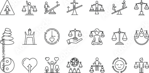 Set of twenty one vector line icons depicting balance justice harmony mental health stability and ethical concepts for business use.