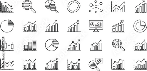 Set of vector line icons featuring business charts, data graphs, financial statistics, and analysis tools for corporate presentations and reports.