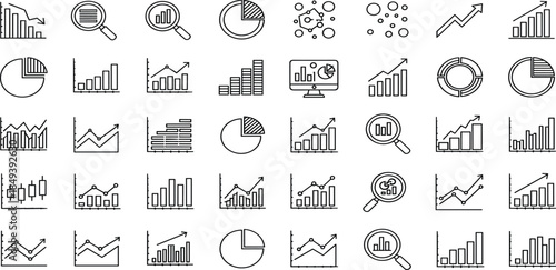 Set of vector line icons featuring business charts, data graphs, financial statistics, and analysis tools for corporate presentations and reports.