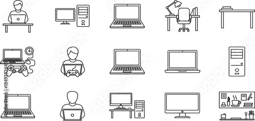 Collection of linear icons representing office workspace, remote work, business people, desks, ergonomic chairs, cubicles, and work-from-home concepts in line art.