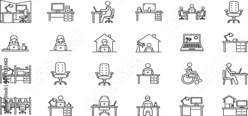 Collection of linear icons representing office workspace, remote work, business people, desks, ergonomic chairs, cubicles, and work-from-home concepts in line art.