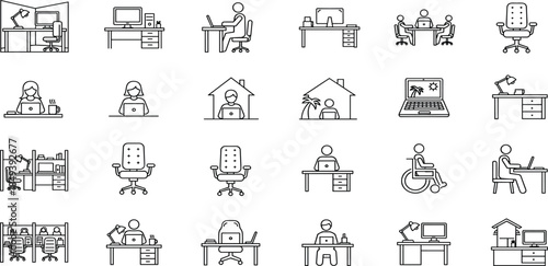 Collection of linear icons representing office workspace, remote work, business people, desks, ergonomic chairs, cubicles, and work-from-home concepts in line art.