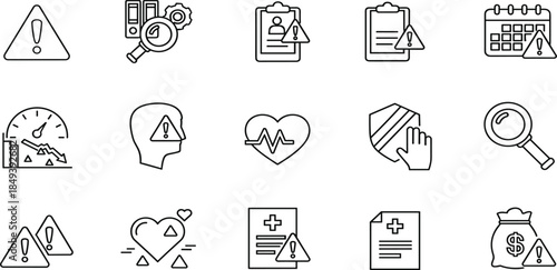 Collection of linear icons for risk management, safety warning, health hazard, financial alert, speed performance decline, and important audit document line art.