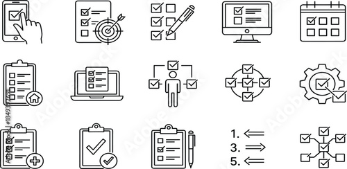 Collection of linear checklist icons for digital task management, survey completion, project planning, goal setting, quality assurance, and online to-do list applications.