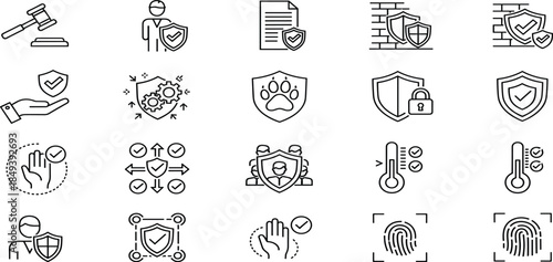 Collection of linear icons for security, legal protection, safety, biometric fingerprint scanning, justice, thermometer checks, and general safety shields in line art.