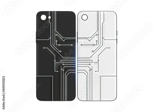 Pair of Futuristic Phone Cases Black and White with Circuit Board Designs and Glowing Lines on Black Background