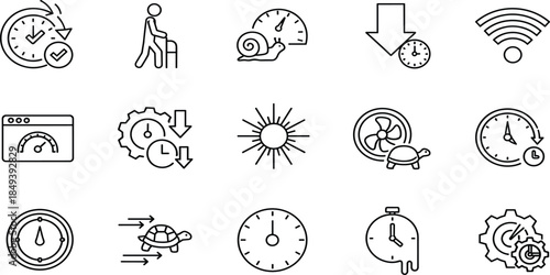 Collection of linear icons representing time management, speed, performance measurement, quick and slow motion, elderly walking, and technical delay concepts in line art.