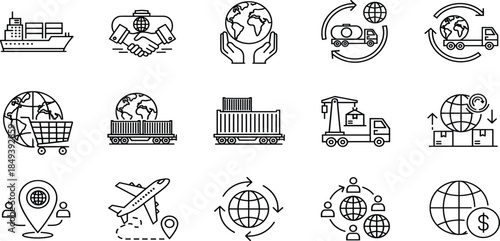 Collection of global logistics, shipping, international trade, delivery, e-commerce, transportation, and world business icons in a modern, scalable line art style.