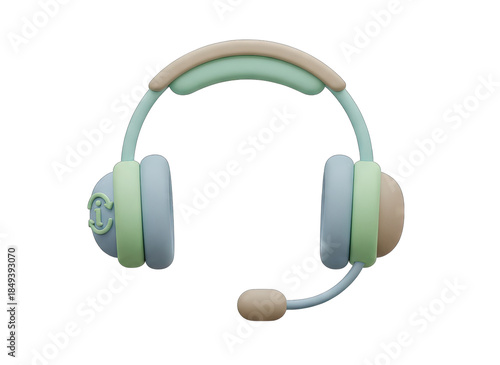 Pastel Colored 3D Icon of Headphones with Microphone Featuring a Soft Matte Finish Centered Against a Transparent Background Ideal for Digital Media and Gaming Themes