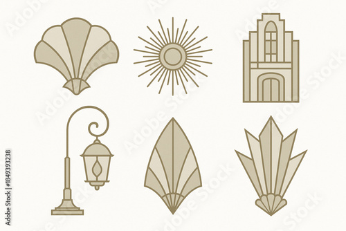 Argentine Art Deco Icon Set with Geometric Sunburst and Retro Architecture in Flat Vector
