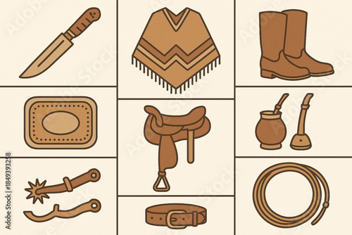 Gaucho Gear Icon Grid with Facón, Poncho and Saddle in Flat Vector