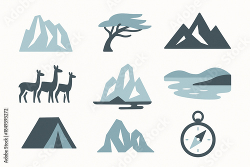 Patagonia Argentina Wilderness Icon Set with Glaciers, Guanacos and Mountains in Flat Vector