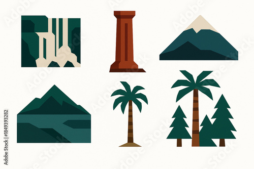 Argentina National Parks Icon Set with Iguazú, Talampaya and Lanín in Flat Vector