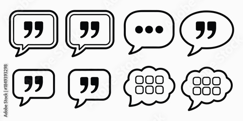 Speech Bubble Icons Vector Set, a versatile collection of chat, message, quotation, and ellipsis symbols in black and white for digital