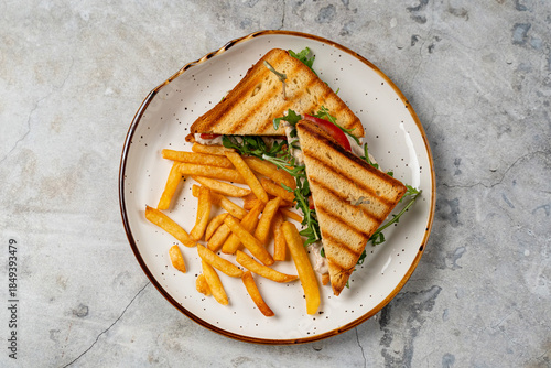 Fotografie A beautifully arranged plate showcases a toasted sandwich filled with fresh gree