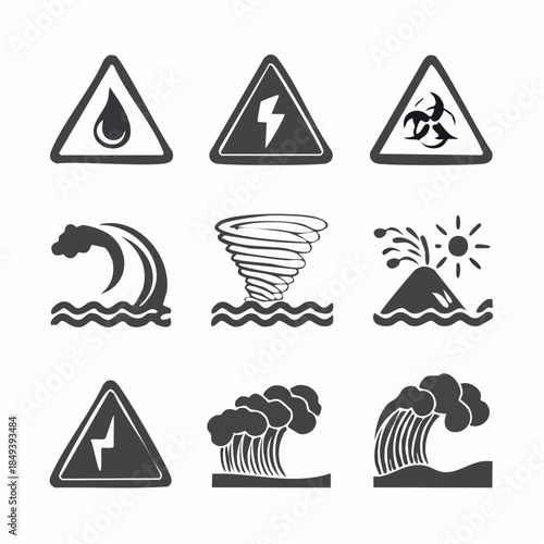 Collection of warning signs for natural disasters and hazards illustrated in black and white