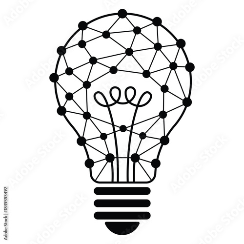 A polygonal light bulb design innovation and connectivity visualized in black and white