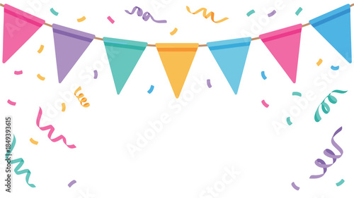 A vibrant festive party background with colorful triangular bunting flags and swirling streamers, creating a lively atmosphere from a frontal viewpoint.