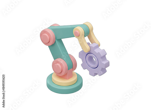 Pastel Robotic Arm Holding a Gear in 3D Soft Plastic Material with Glossy Highlights and Transparent Background