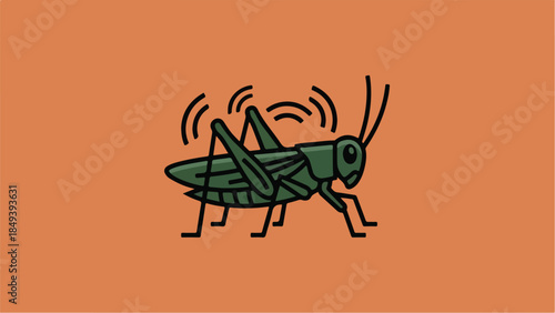 Green Grasshopper Chirping on Orange Background.