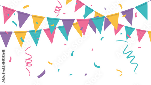 Vibrant festive party background with colorful triangular bunting flags and confetti