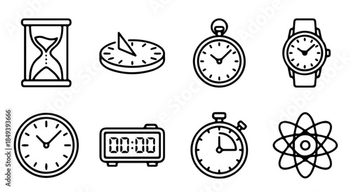 Black Outline Icon Set of Time Measurement Instruments Featuring Sundial Hourglass Stopwatch Digital Alarm and Atomic Clock