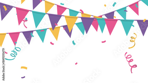 A vibrant festive bunting display with colorful triangular flags and swirling streamers in a celebratory atmosphere