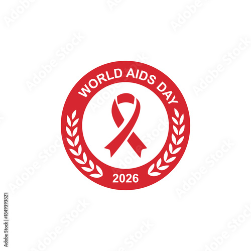 World AIDS Day badge logo vector. Red awareness ribbon icon with laurel wreath in a circle