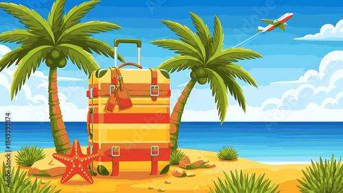 Travel suitcase on beach with palm trees and airplane