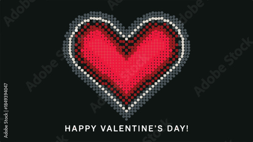 A red heart shape made of small dots on a black background with Valentine's Day greeting
