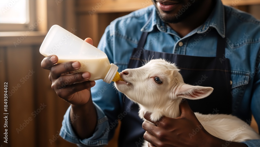 Obraz premium African American farmer feeding a white baby goat with a milk bottle. Black man caring for farm animal kid in a rustic barn