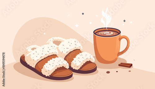 Cozy scene with fluffy slippers and a steaming mug of hot chocolate, evoking warmth and relaxation.