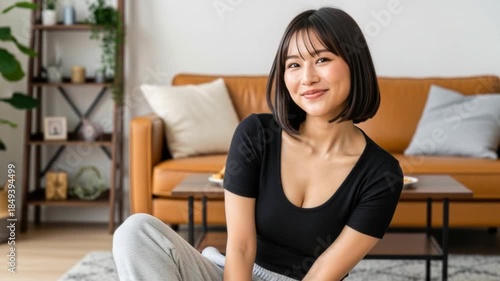 リビングの床に座って笑顔でこちらを見つめる若い女性のポートレート