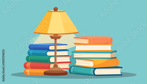 A cozy illustration of a table lamp illuminating two stacks of colorful books on a light blue background.