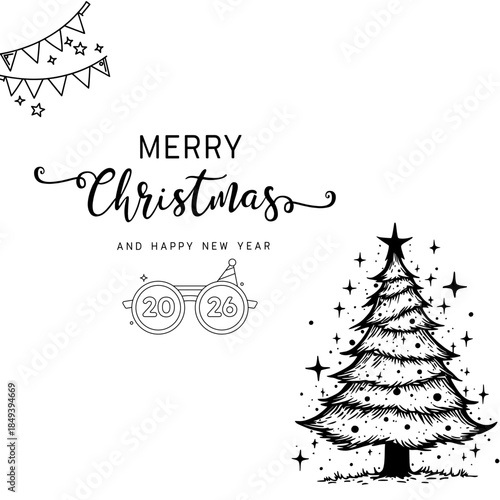 Minimalist black and white holiday vector set featuring a Christmas tree, decorative bunting, and festive 2026 glasses. Professional line art for Merry Christmas and Happy New Year cards.