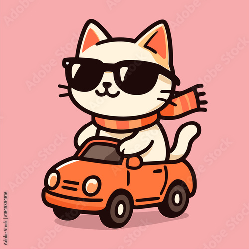Stylized cat drives a small car wearing sunglasses