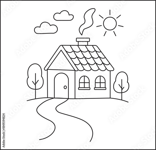 Adobe Illustrator ArtA delightful home with a smoke-emitting chimney, trees, and a winding path under a sunny sky for coloringwork