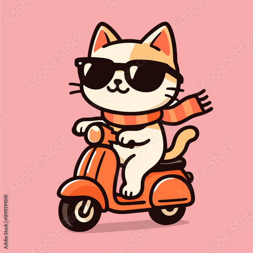 Cartoon white cat rides orange scooter with scarf