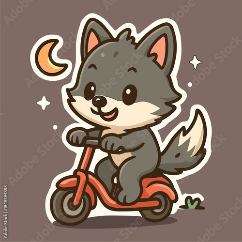 Cartoon wolf cheerfully rides a scooter under moonlight