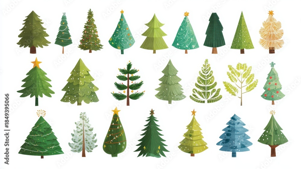 Obraz premium Assortment of diverse evergreen trees, hand-drawn with varying styles and detailing, set against a white background, evoking holiday cheer