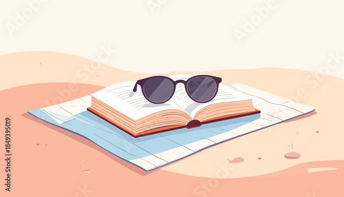 An open book with dark sunglasses resting on its pages, placed on a checkered blanket on a sandy beach, evoking a relaxed summer reading scene.