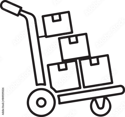 A minimalist black and white line art vector of a hand truck or dolly loaded with four cardboard boxes. Represents manual labor, warehouse logistics, moving services, and local delivery.
