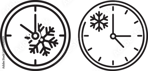 Simple black and white line art vector showing two analog clocks with snowflake icons, representing winter time, seasonal schedules, or time-sensitive cold weather operations.
